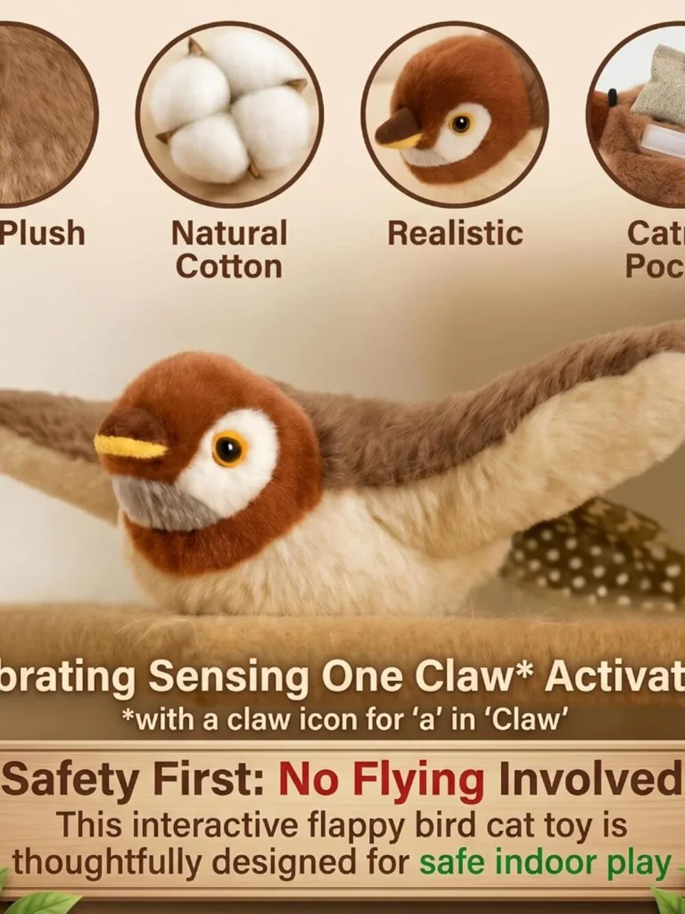 Chirping Toys Touch Activated Flapping Wings Sparrow Interactive Smart Cat Toys